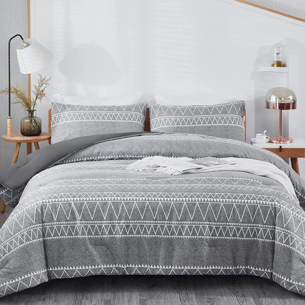 Queen Reversible Comforter Set 3 PCS All Season Bed Set Gray Boho